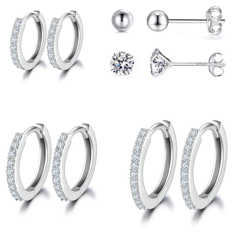 GULICX 3 Pairs Sterling Silver Small Hoop Stud Earrings Cubic Zirconia Cuff Earrings, Tiny Cartilage Huggie Hoop Sleeper Earrings Ball Earrings Piercing Jewellery for Women - Image 1